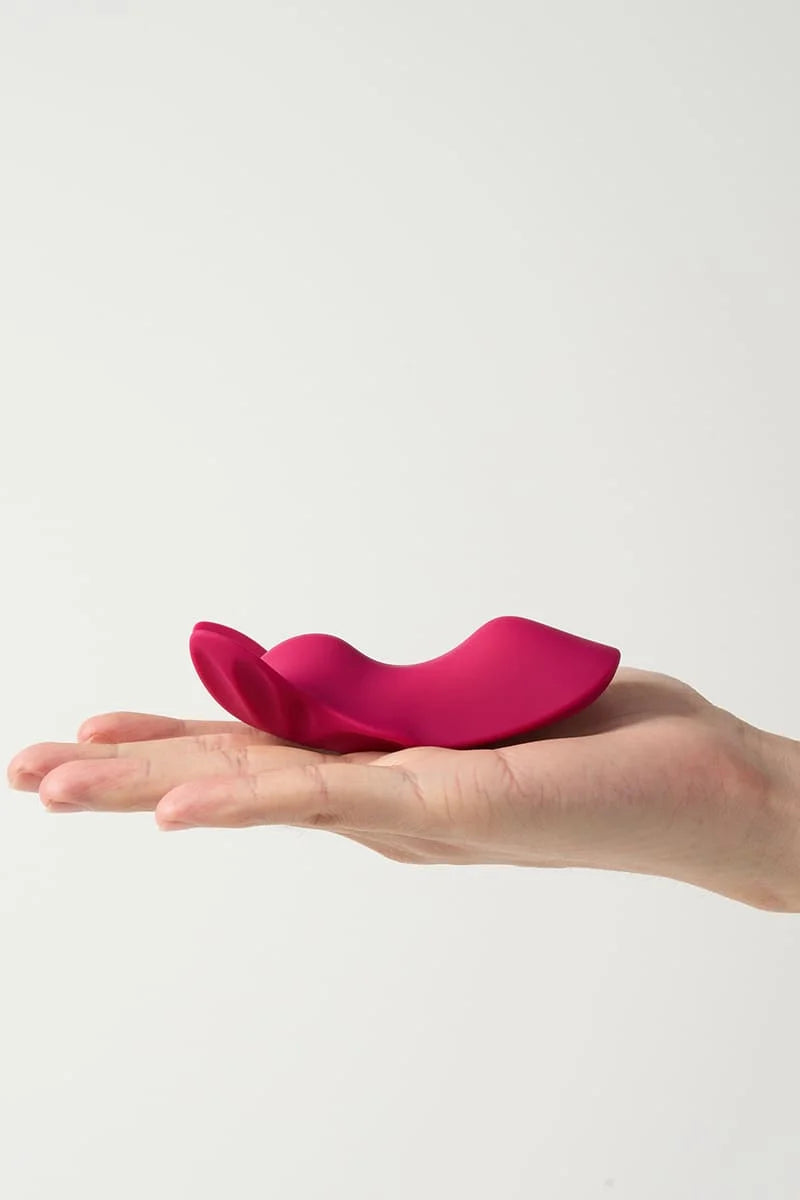 Hand holding a pink Myvelvettouch Remote control sex toys Panty Vibrator against a white background