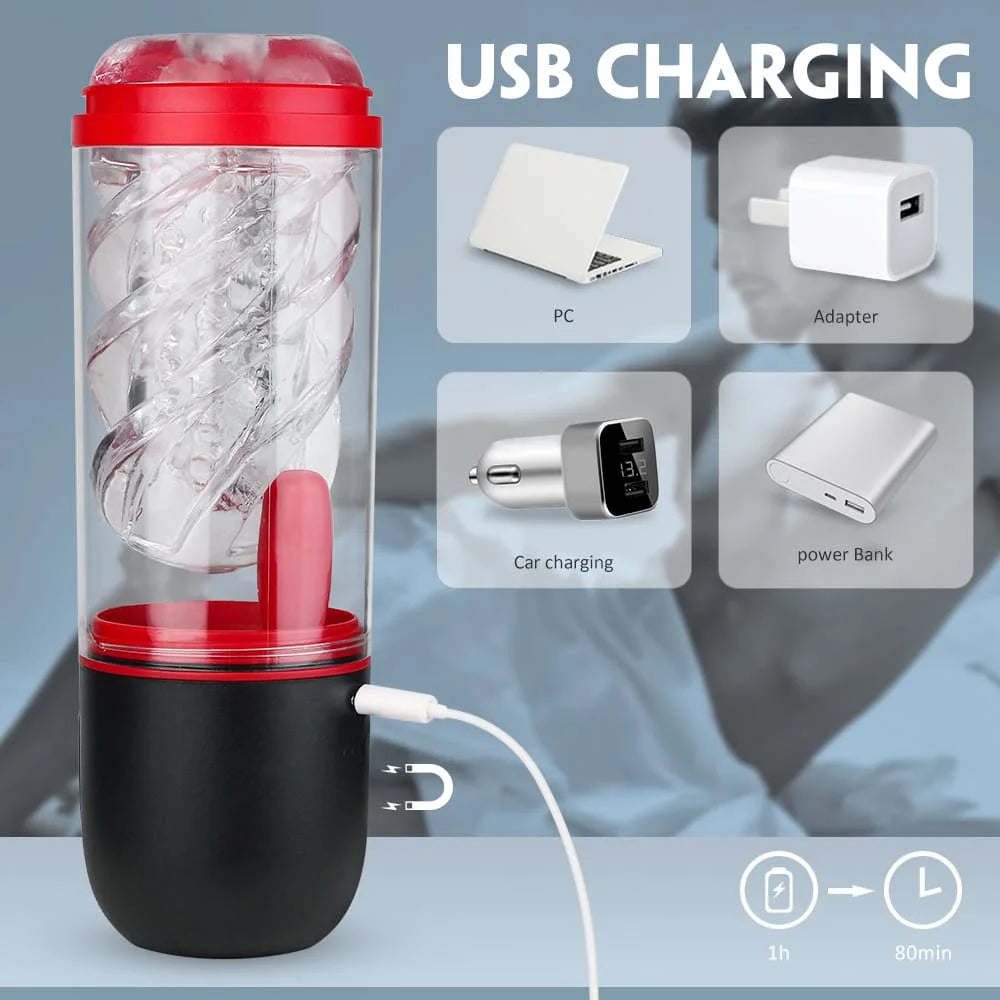 Black and red Suction Cup Automatic Sucking Vibration Voice Aircraft Cup with USB charging device.