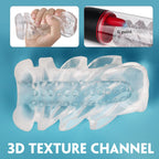 Clear silicone tool with textured surface and red component labeled 'G point' of Suction Cup Automatic Sucking Vibration Voice Aircraft Cup on a blue background.