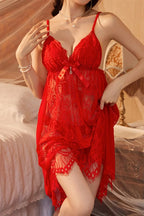 Red Myvelvettouch lace lingerie set worn by a model in a bedroom setting
