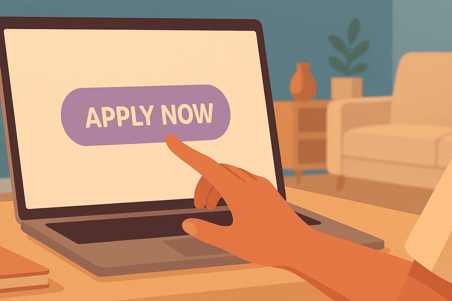 Hand pointing at a laptop screen with 'APPLY NOW' button in a home setting