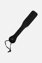 Black leather paddle with a handle on a white background