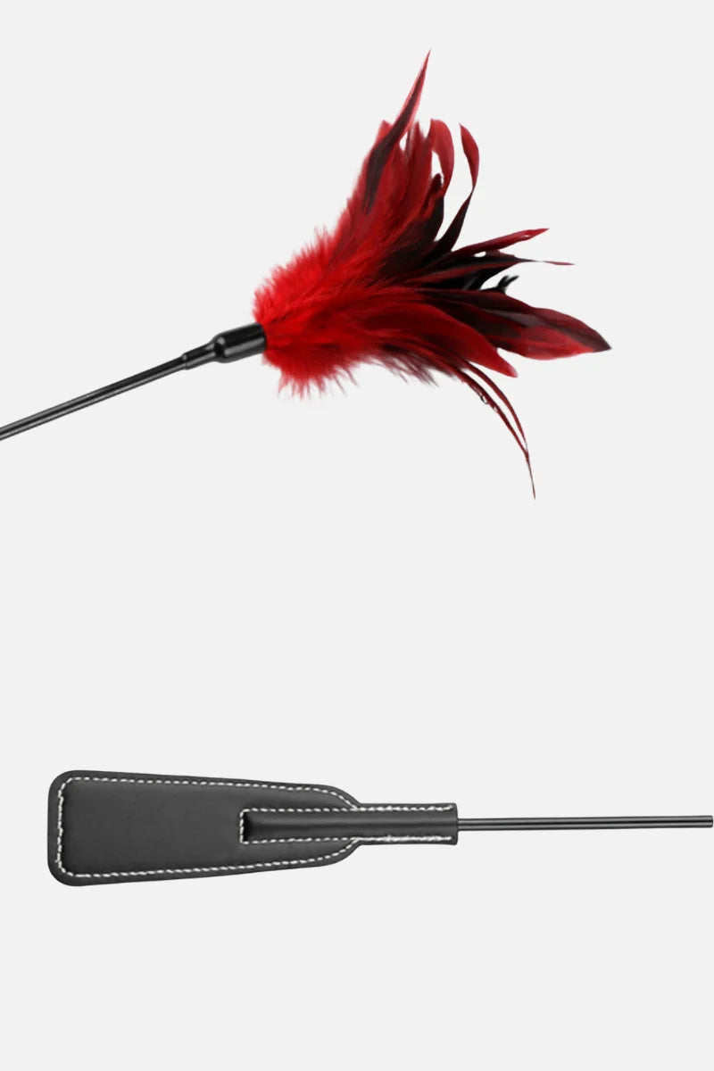 Long Handle Feather Tickler Paddle, Black leather paddle with red feather on a white background