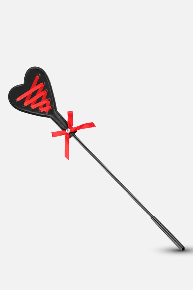 Long Handle Feather Tickler Paddle, Black and red paddle stick with a heart-shaped top on a white background