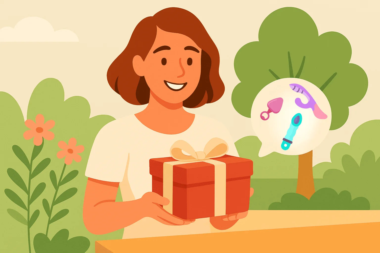 Illustration of a woman holding a gift box with a speech bubble showing various sex toys.