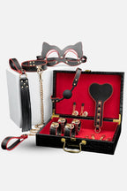 Luxury Leather BDSM Role Play Kit with Storage Case with black and red accessories in a box on a white background