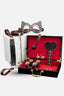 Luxury Leather BDSM Role Play Kit with Storage Case with black and red accessories in a box on a white background