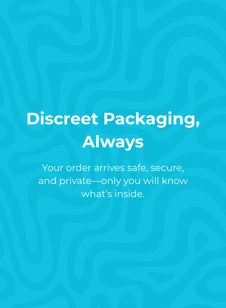 Blue background with wavy pattern and text about discreet packaging