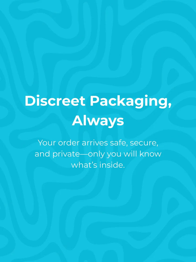 Blue background with wavy pattern and text about discreet packaging