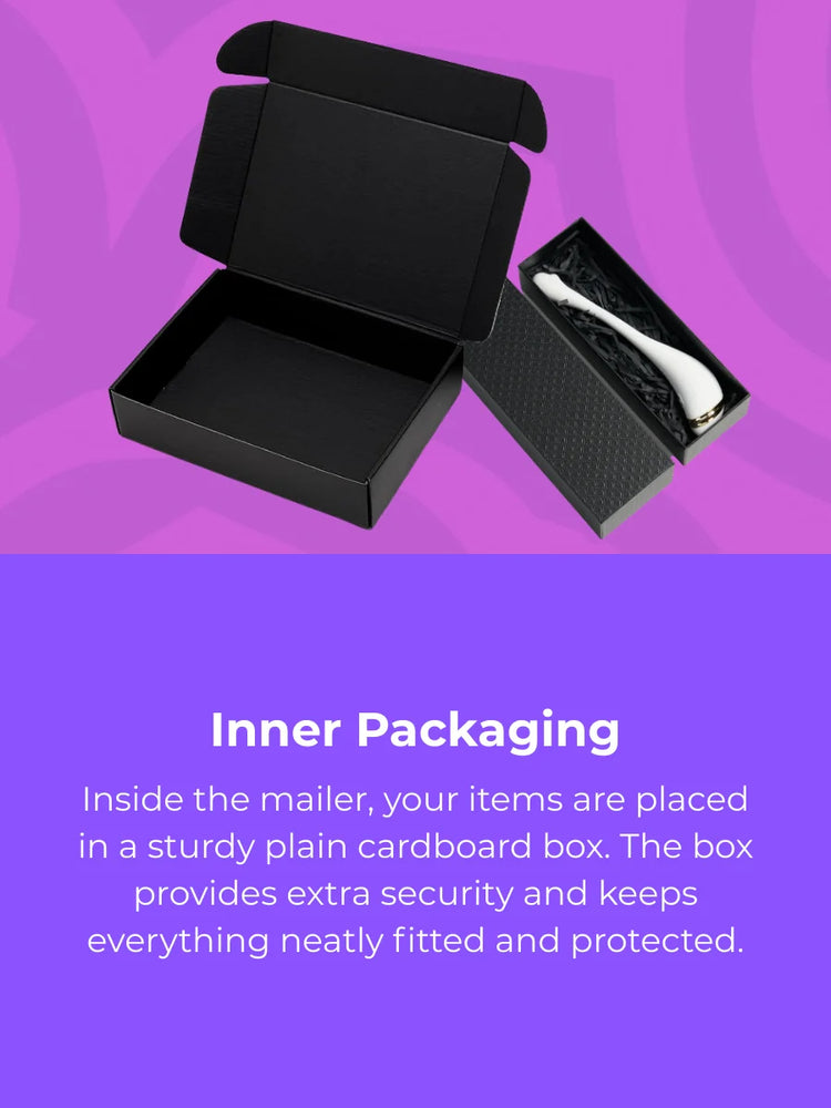 Black cardboard box with a white spoon inside on a purple background