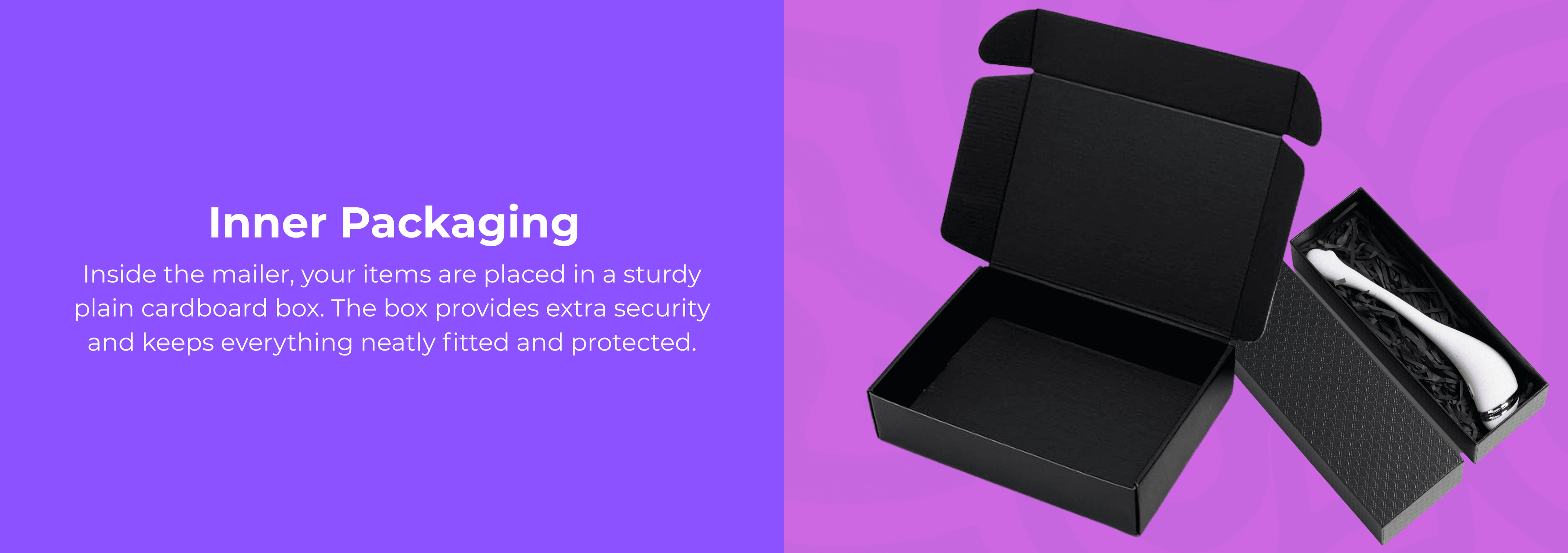 Black cardboard box on a purple background with text about inner packaging.