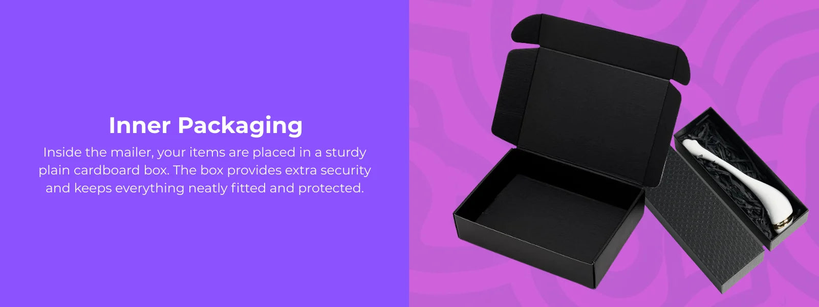 Black cardboard box on a purple background with text about inner packaging.