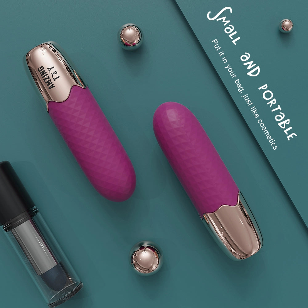 Myvelvettouch wine rose and golden bullet vibrator on a teal background with text about portability.