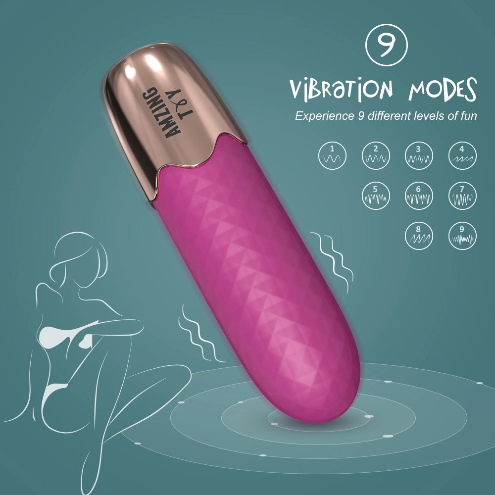 Myvelvettouch wine rose and golden bullet vibrator with 'myvelvettouch' branding on a teal background, featuring vibration mode indicators.