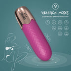 Myvelvettouch wine rose and golden bullet vibrator with 'myvelvettouch' branding on a teal background, featuring vibration mode indicators.