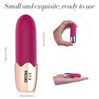 Myvelvettouch wine rose and golden bullet vibrator with measurements and a hand holding it.