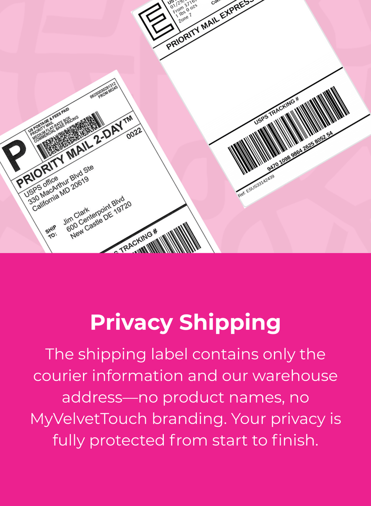 Two Priority Mail shipping labels on a pink background with privacy shipping text.