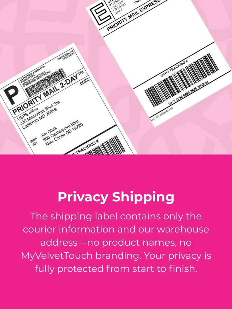 Two Priority Mail shipping labels on a pink background with privacy shipping text.