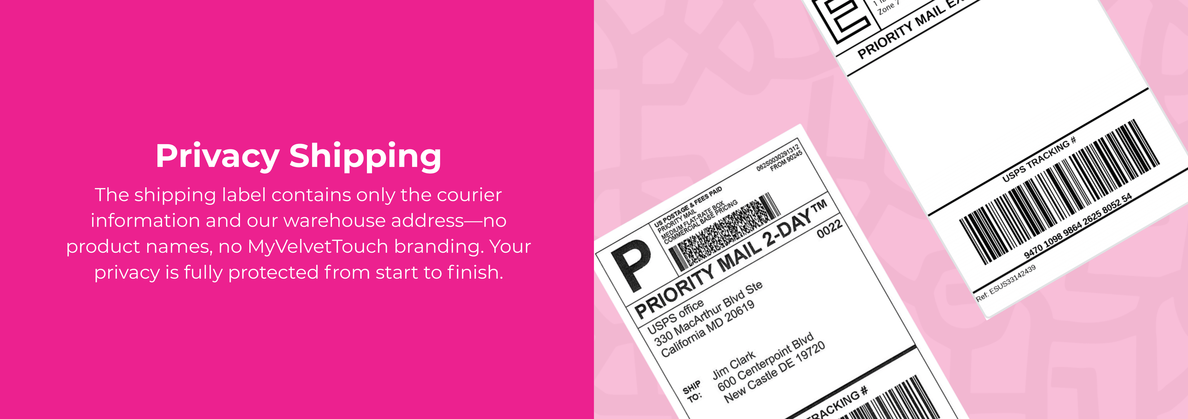 Two shipping labels on a pink background with privacy shipping text.