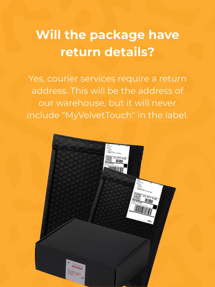 Black bubble mailer and box with shipping labels on an orange background, featuring text about return details.