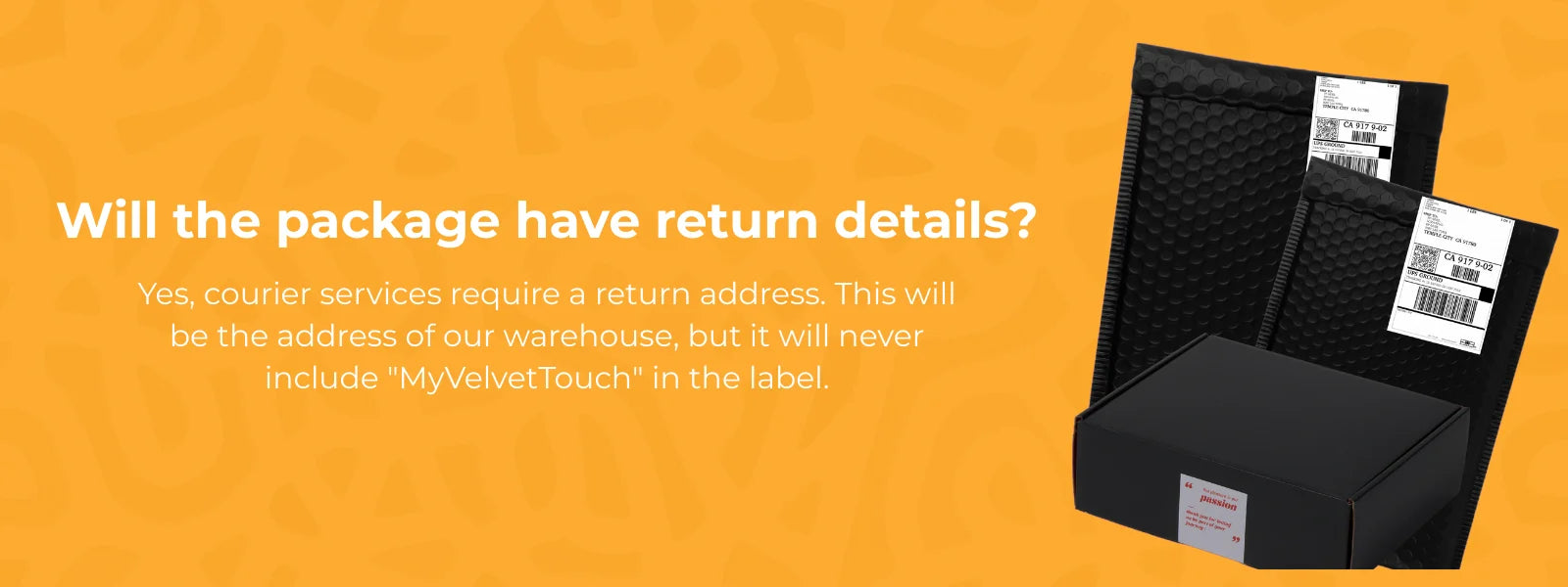 Black packages with return details on an orange background