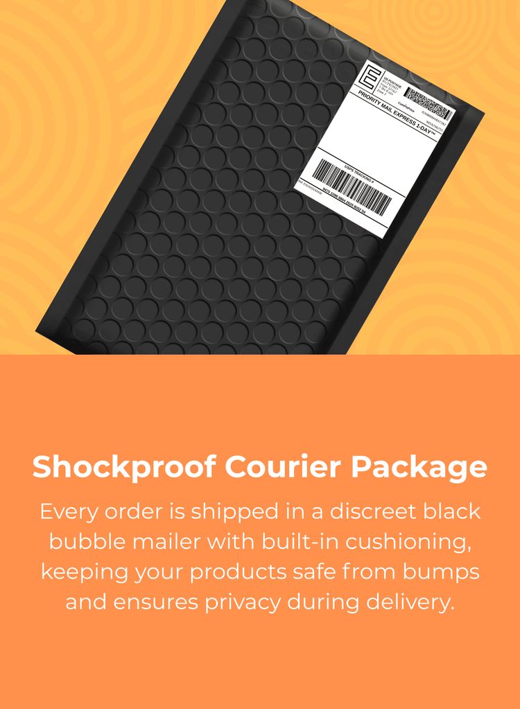 Black bubble mailer with a label on an orange background, featuring text about shockproof courier package.