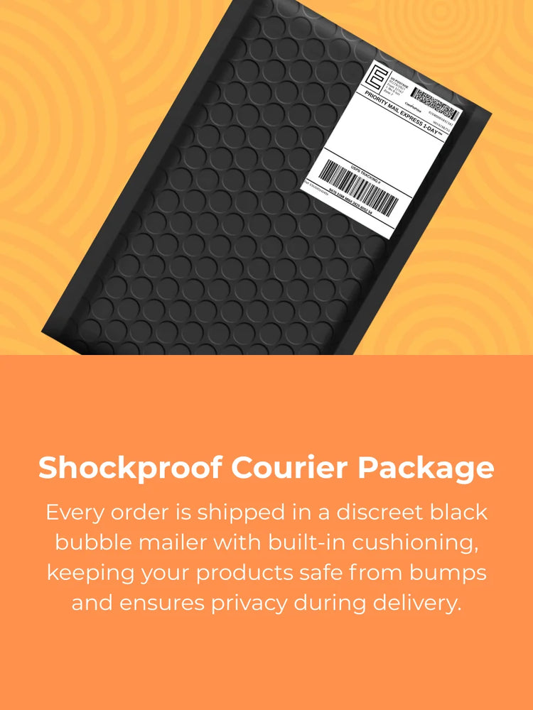 Black bubble mailer with a barcode label on an orange background, labeled as a shockproof courier package.