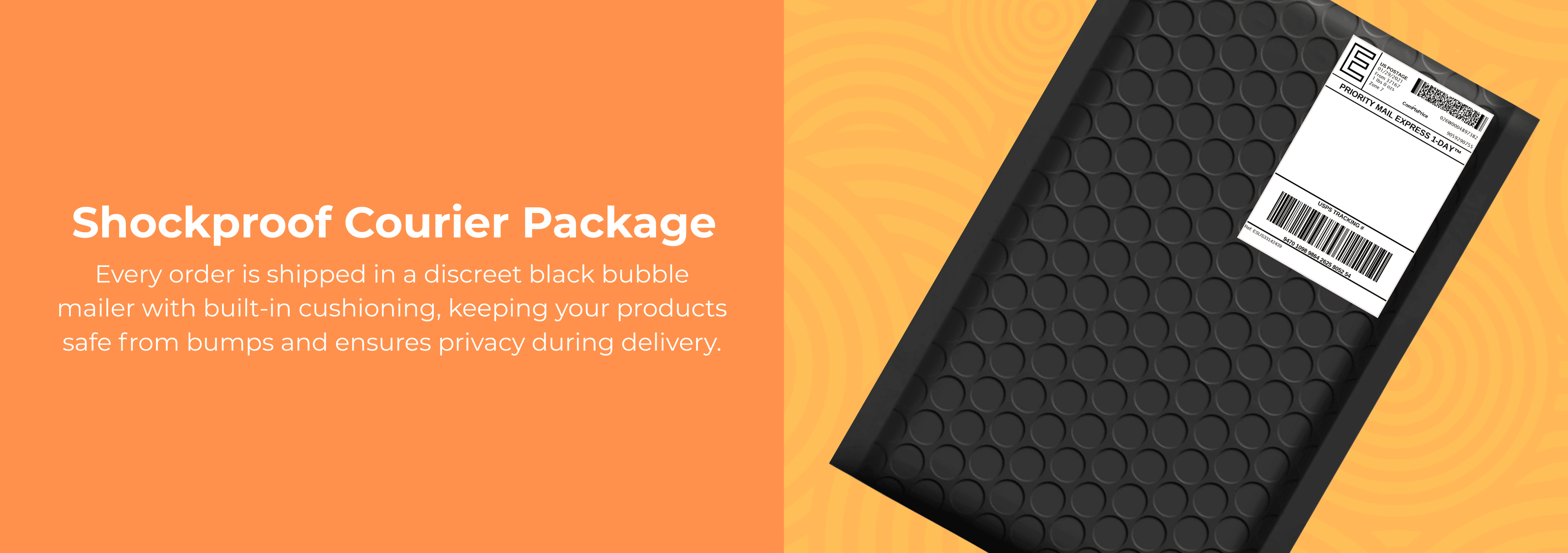 Black shockproof courier package with a label on an orange background