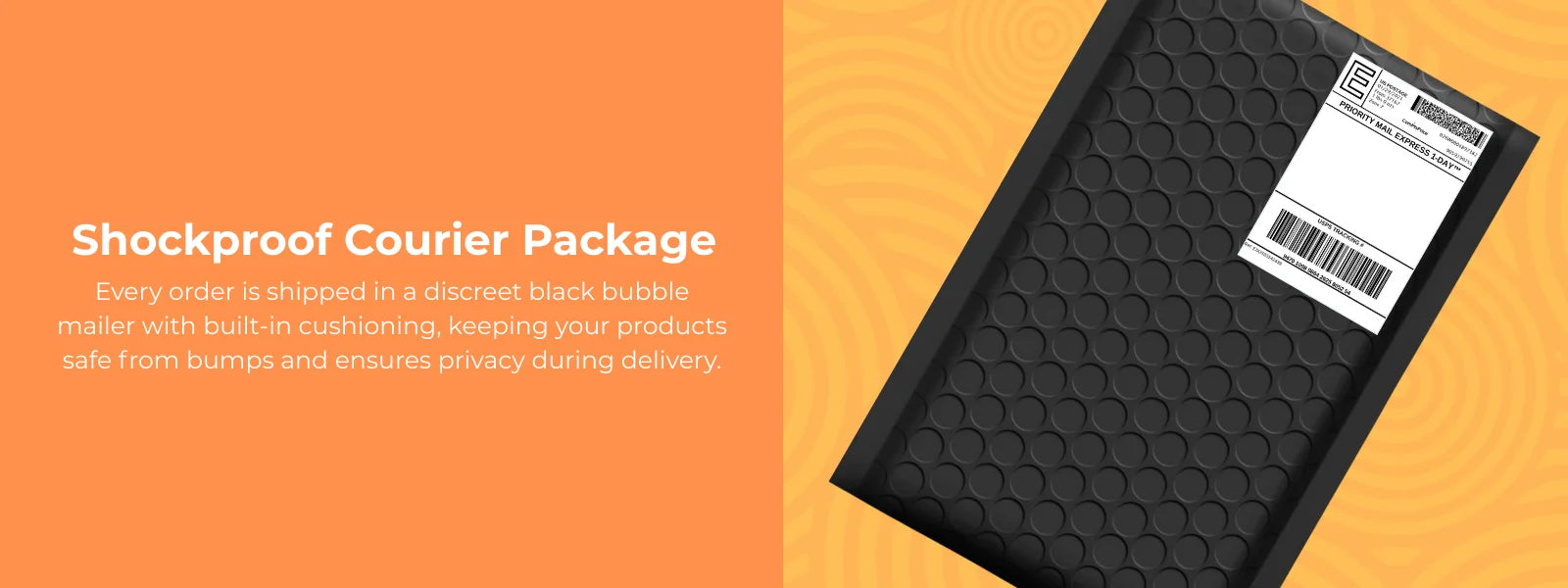 Black shockproof courier package with a label on an orange background