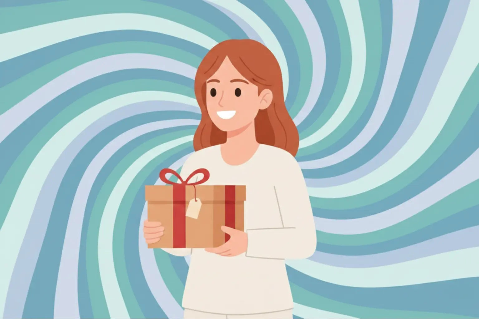 Illustration of a woman holding a red vibrator near her chest on a white background