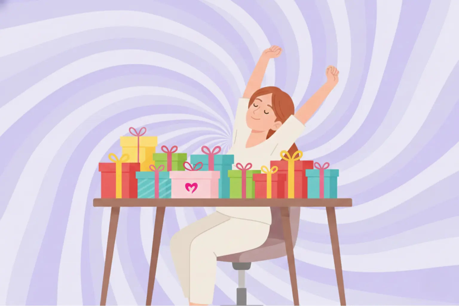 Illustration of a woman holding a pink object and a brown book on a white background