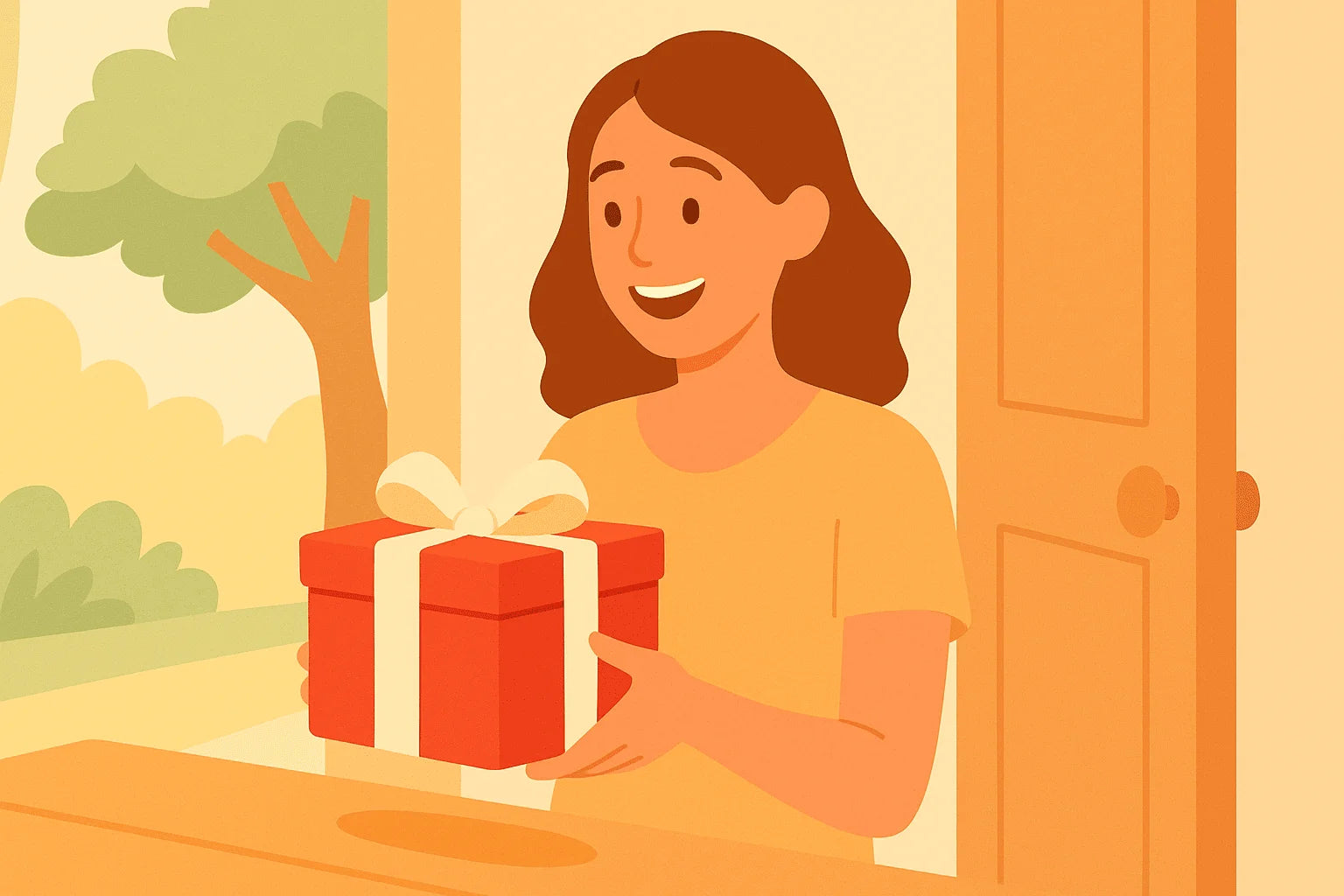 Illustration of a woman holding a red gift box with a white ribbon.