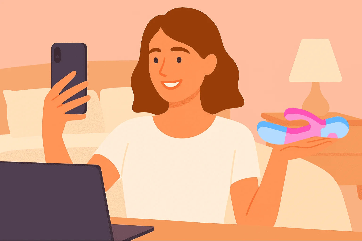 Illustration of a woman sitting on a bed using a phone and laptop, with colorful vibrator on her hand
